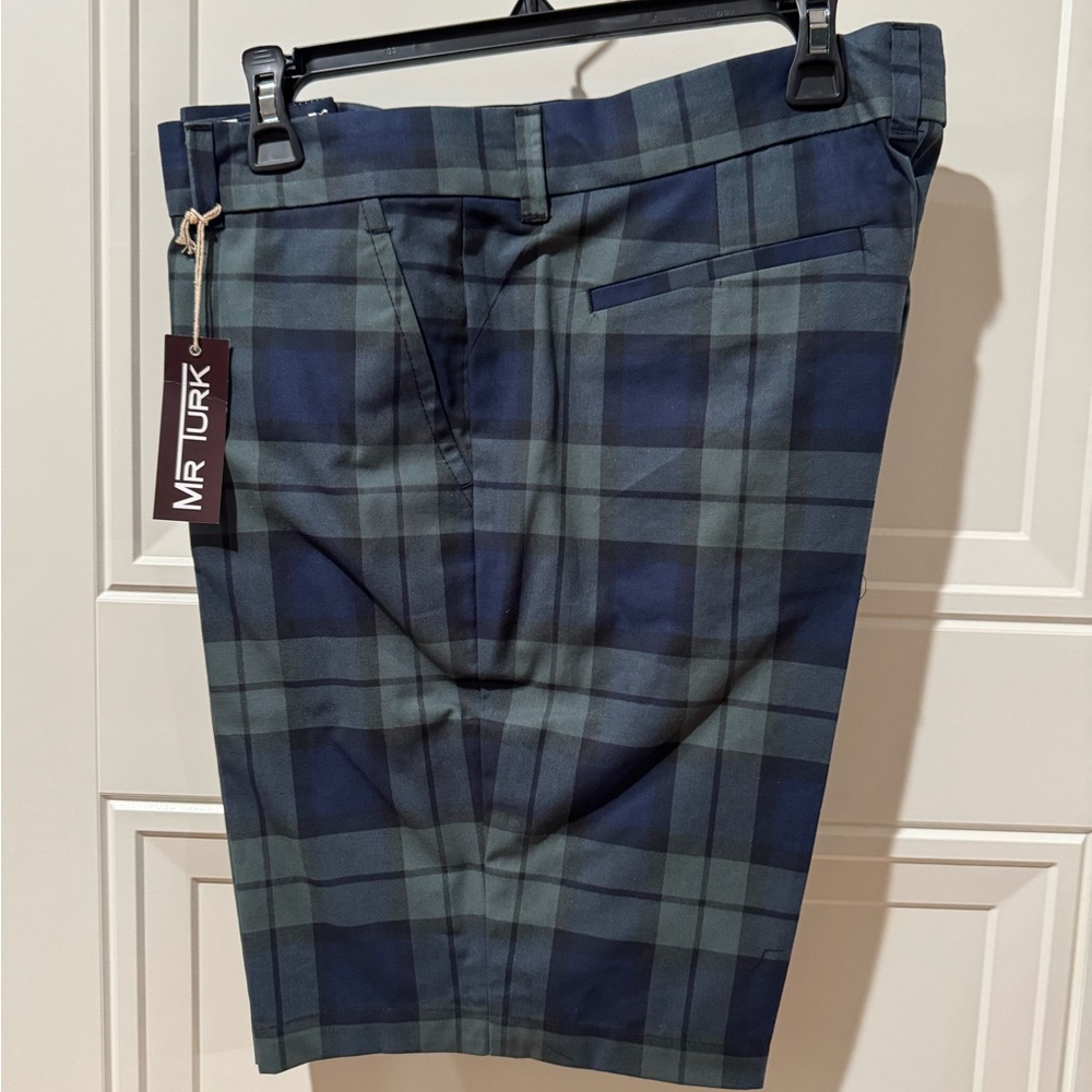 NWT Trina Turk Mr. Turk Plaid Mens Shorts Flat Front Blue & Green Tartan 36